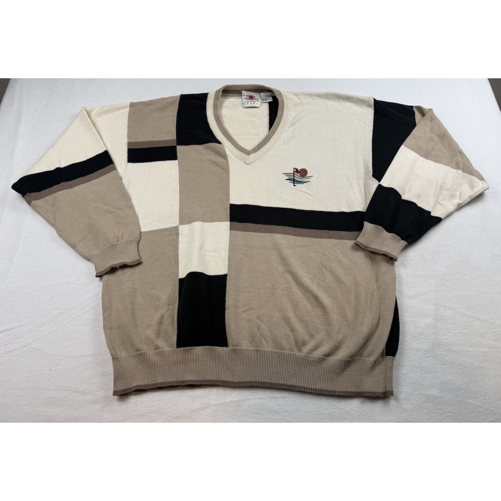 Vintage Cotton Traders Golf Sweater Men's L Brown Beige Colorblock Graphic